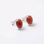 Red Coral Stud Earrings 925 Sterling Silver | Oval Gemstone Studs | January Birthstone | Minimalist Jewelry