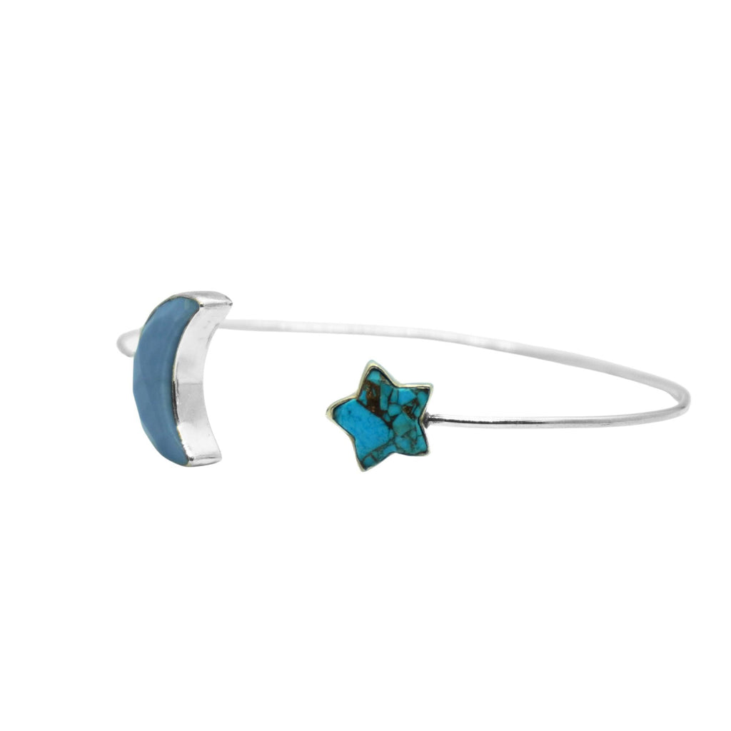 Blue Opal Turquoise Moon Star Bracelet | Sterling Silver Celestial Boho Cuff Bangle