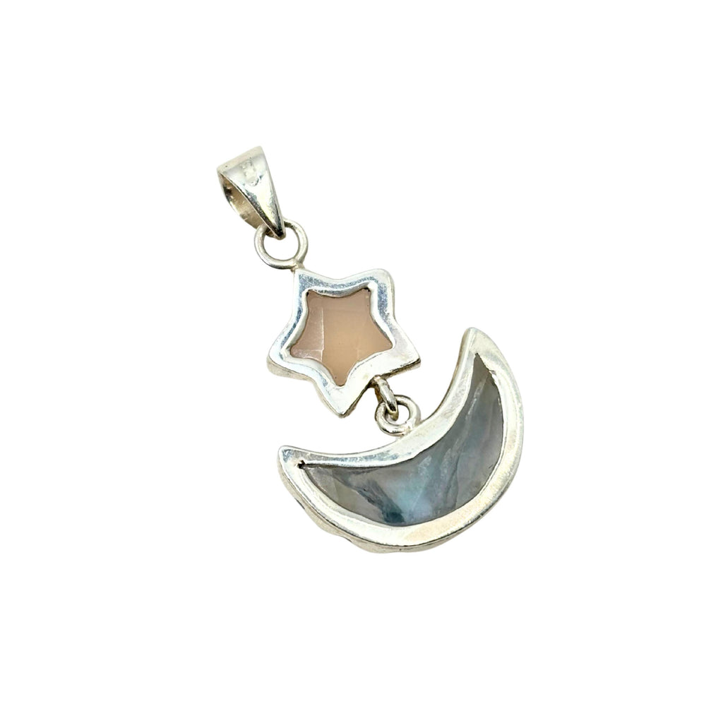 Rose Quartz Star and Fluorite Moon Pendant in 925 Sterling Silver – Celestial Gemstone Necklace, Boho Moon and Star Jewelry Gift for Her
