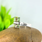 Raw Green Tourmaline Bar Ring: Sterling Silver Minimalist Stacking Ring