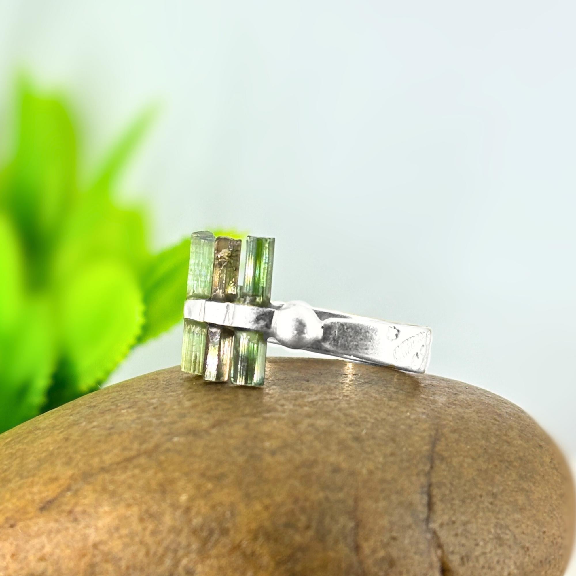 Raw Green Tourmaline Bar Ring: Sterling Silver Minimalist Stacking Ring