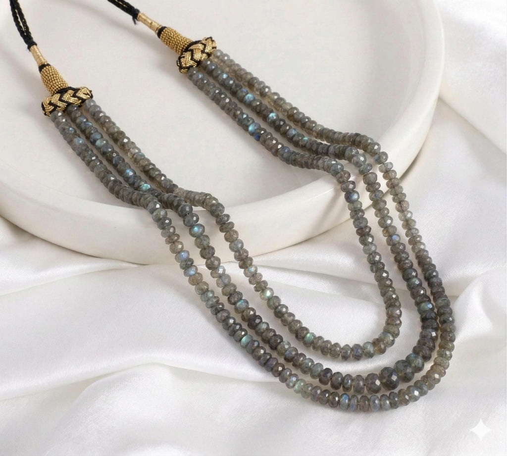 Beaded Labradorite Necklace, Three Layer Long Gemstone Necklace, Layering Boho Jewelry, Statement Gift for Her