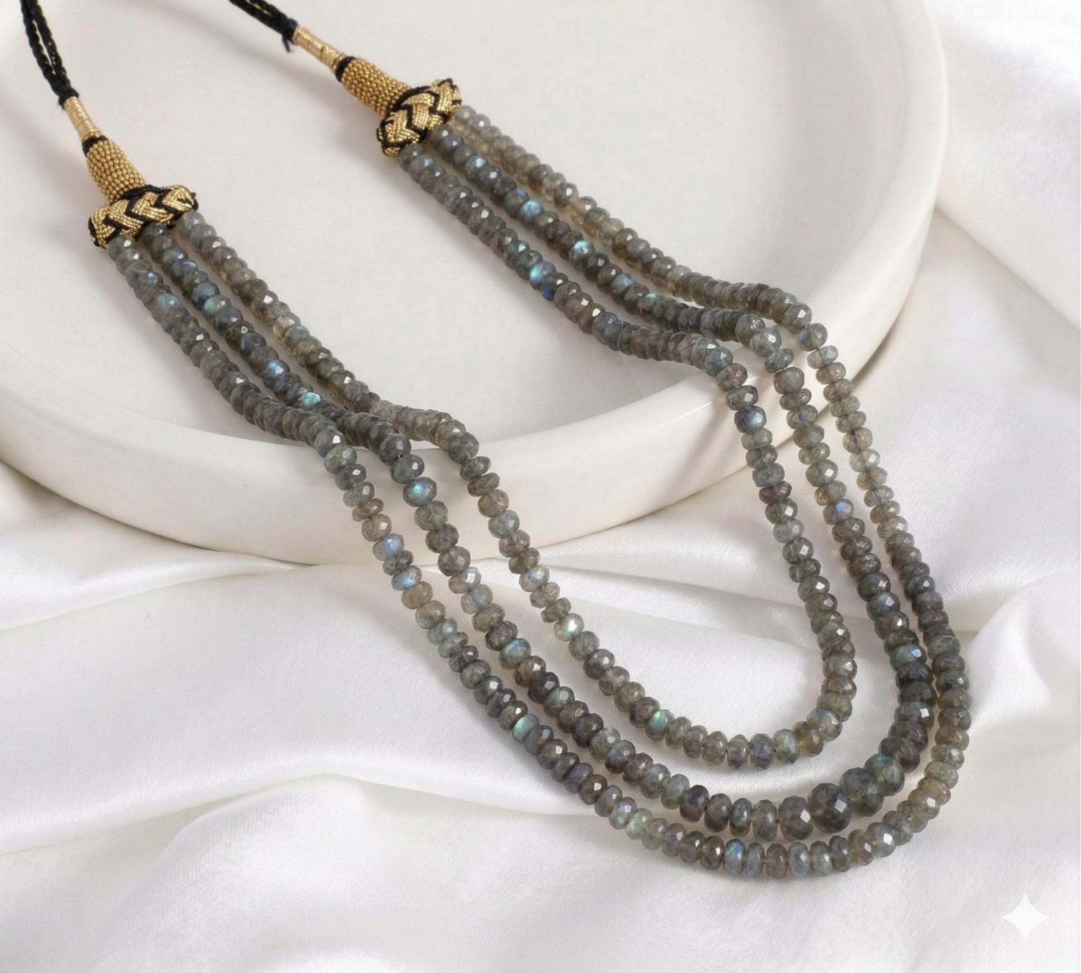 Beaded Labradorite Necklace, Three Layer Long Gemstone Necklace, Layering Boho Jewelry, Statement Gift for Her