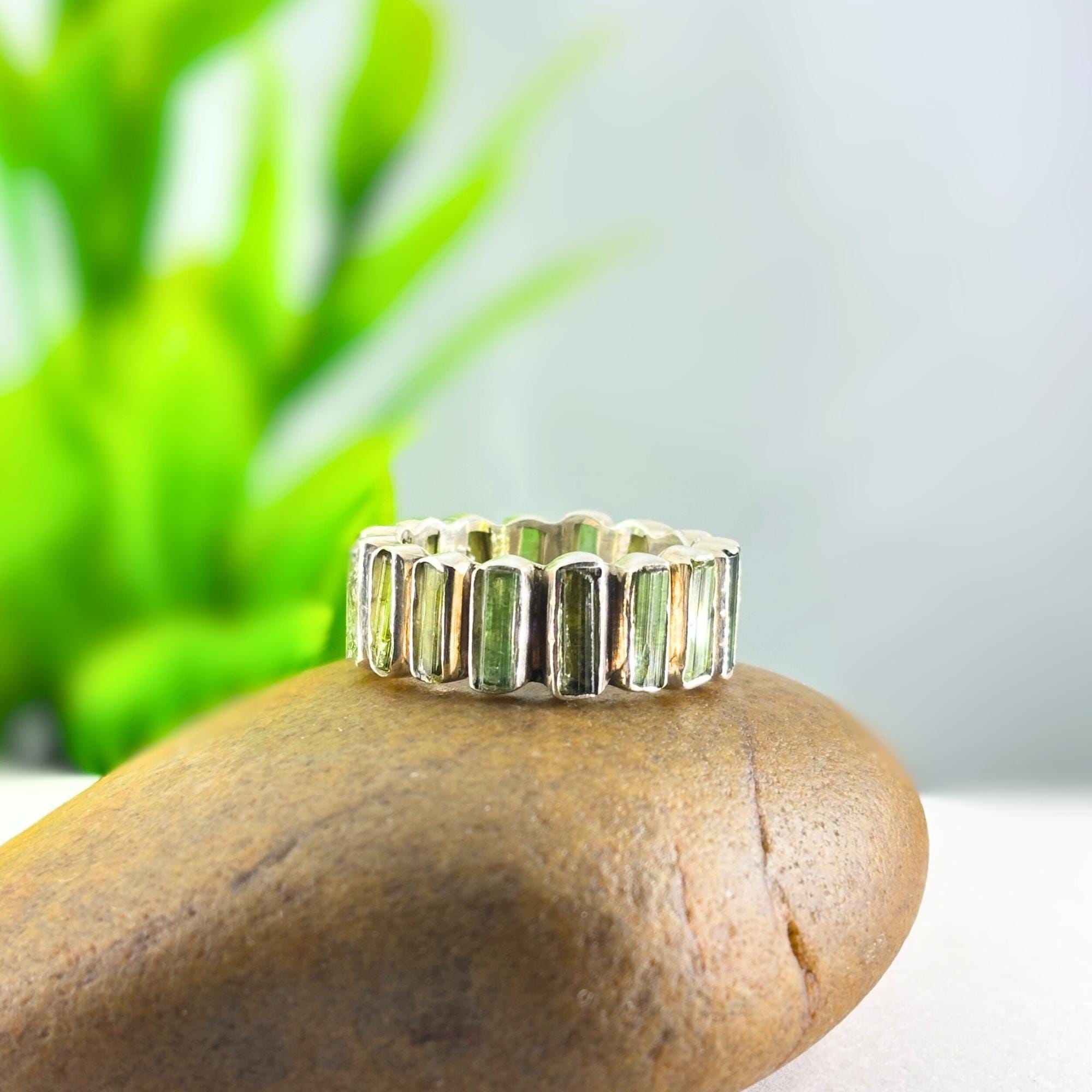 Raw Green Tourmaline Ring: Sterling Silver October Birthstone Boho Band
