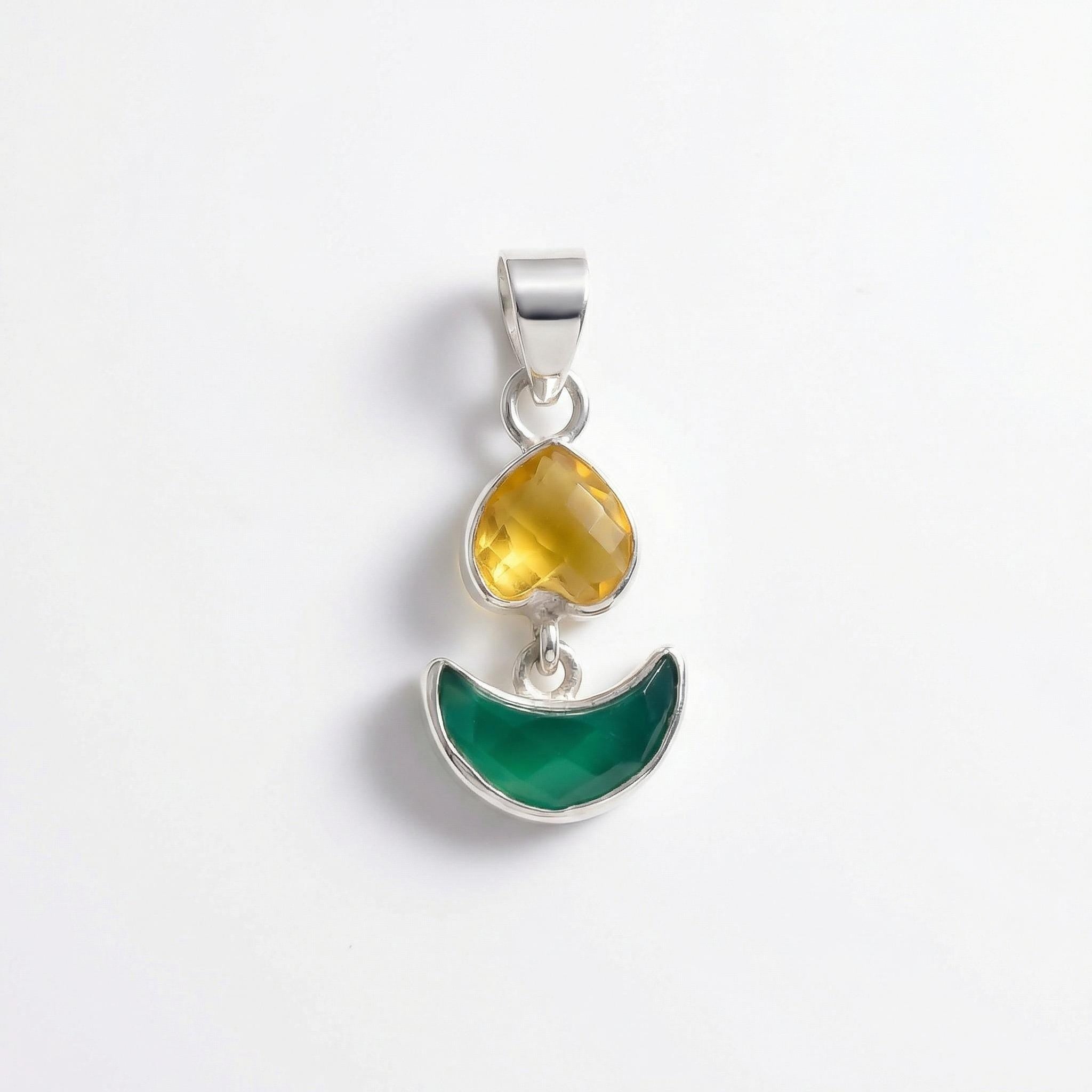 Heart & Green Onyx Moon Pendant: Sterling Silver Celestial Charm