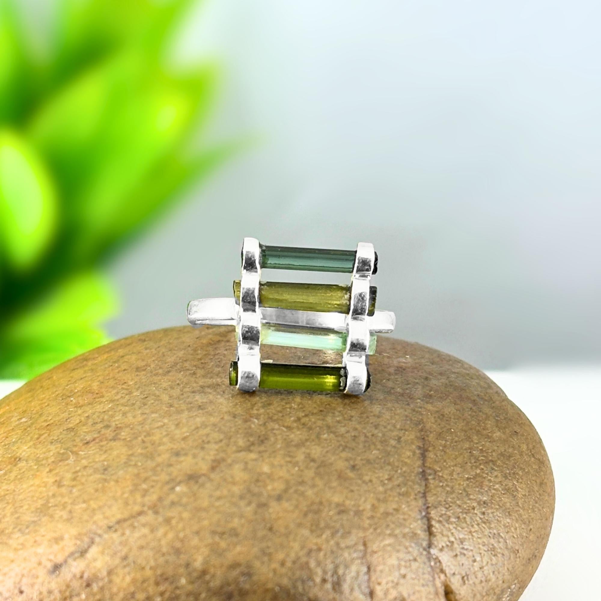 Raw Green Tourmaline Bar Ring: Sterling Silver October Birthstone