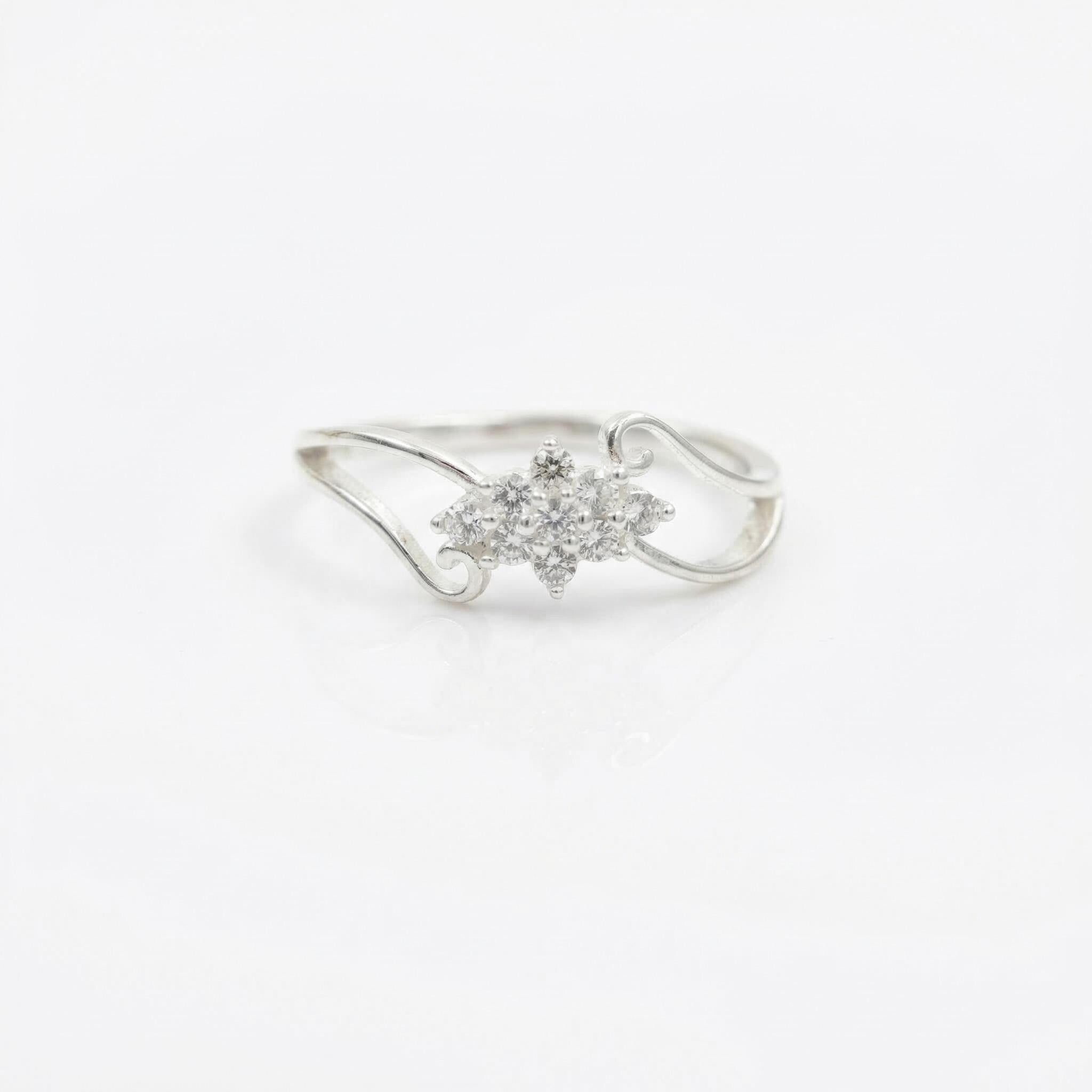 Sterling Silver CZ Flower Ring, Rhodium-Plated Pavé Stacking Band