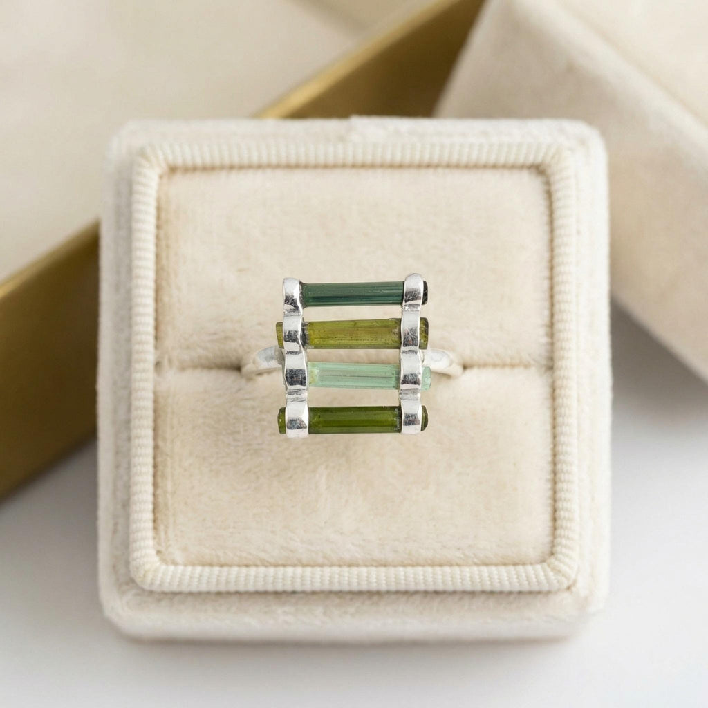 Raw Green Tourmaline Bar Ring: Sterling Silver October Birthstone
