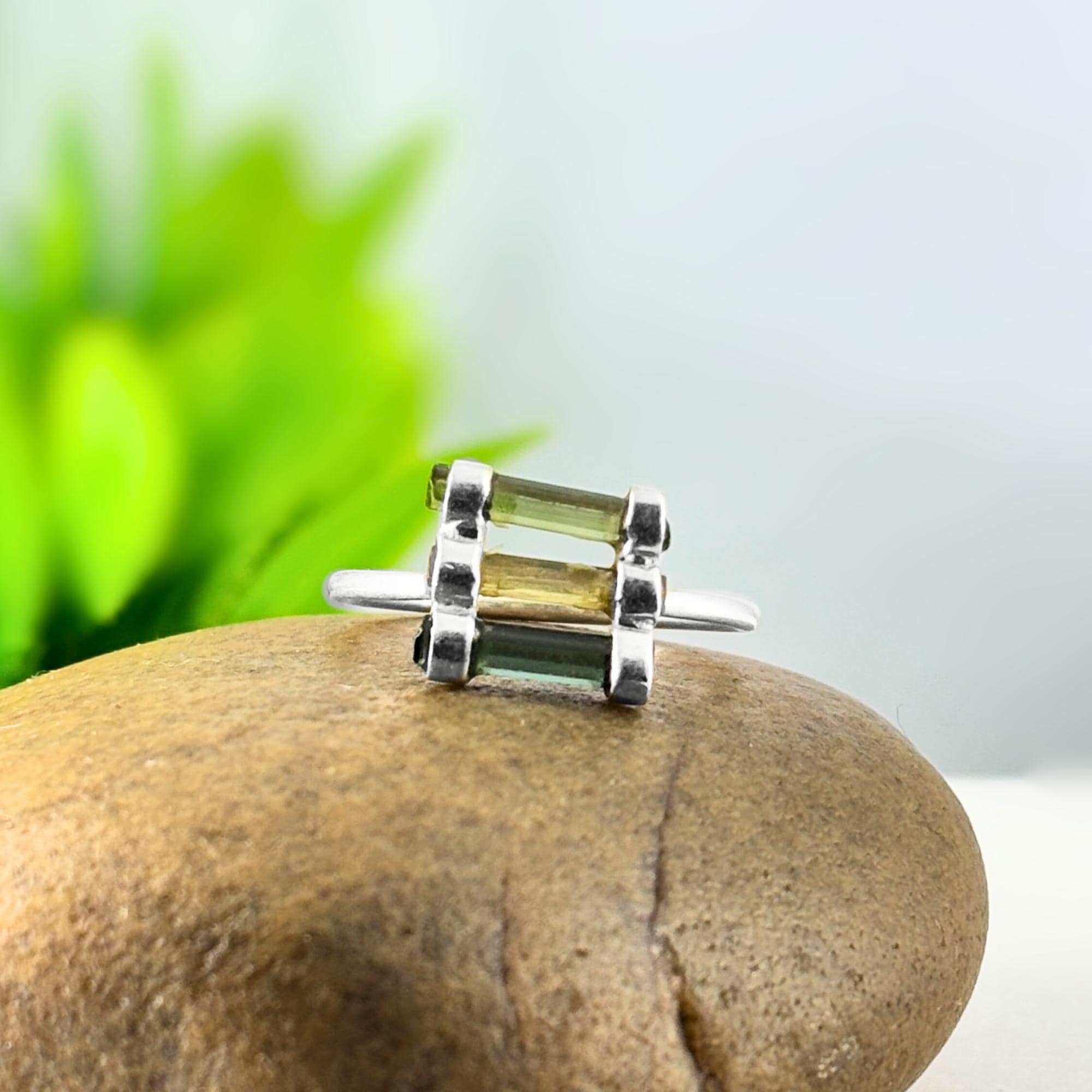 Raw Green Tourmaline Sterling Silver Ring: Handmade Open Band Jewelry
