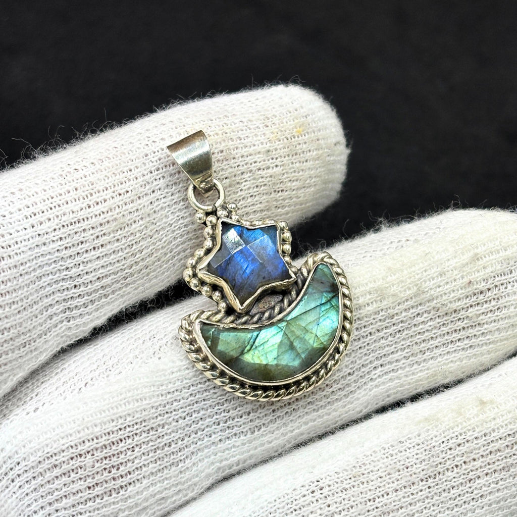 Labradorite Star and Moon Pendant: Sterling Silver Celestial Necklace