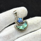 Labradorite Star and Moon Pendant: Sterling Silver Celestial Necklace
