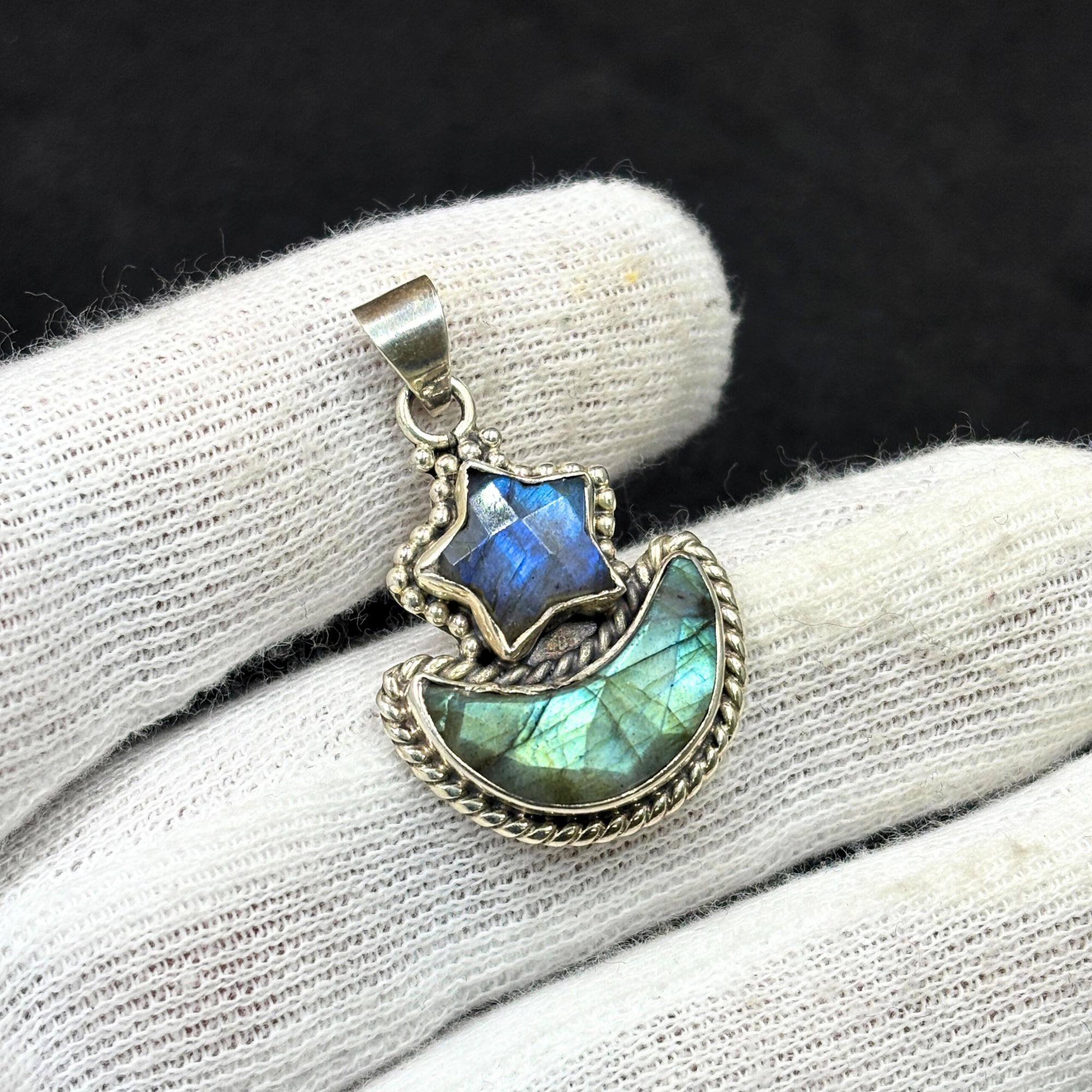 Labradorite Star and Moon Pendant: Sterling Silver Celestial Necklace