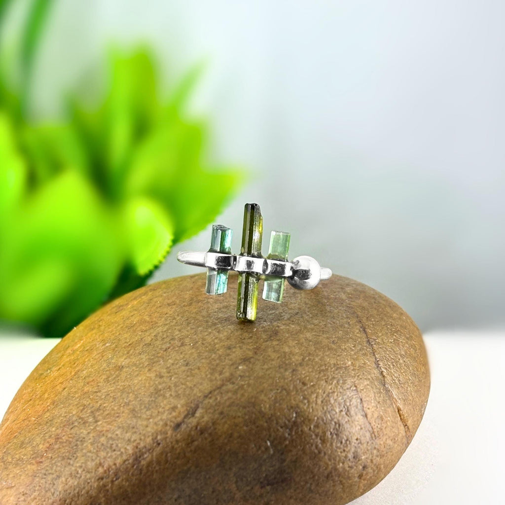 Raw Multi-Tourmaline Bar Sterling Silver Ring | Handmade Gemstone Stacking Ring | Minimalist Open Band Jewelry