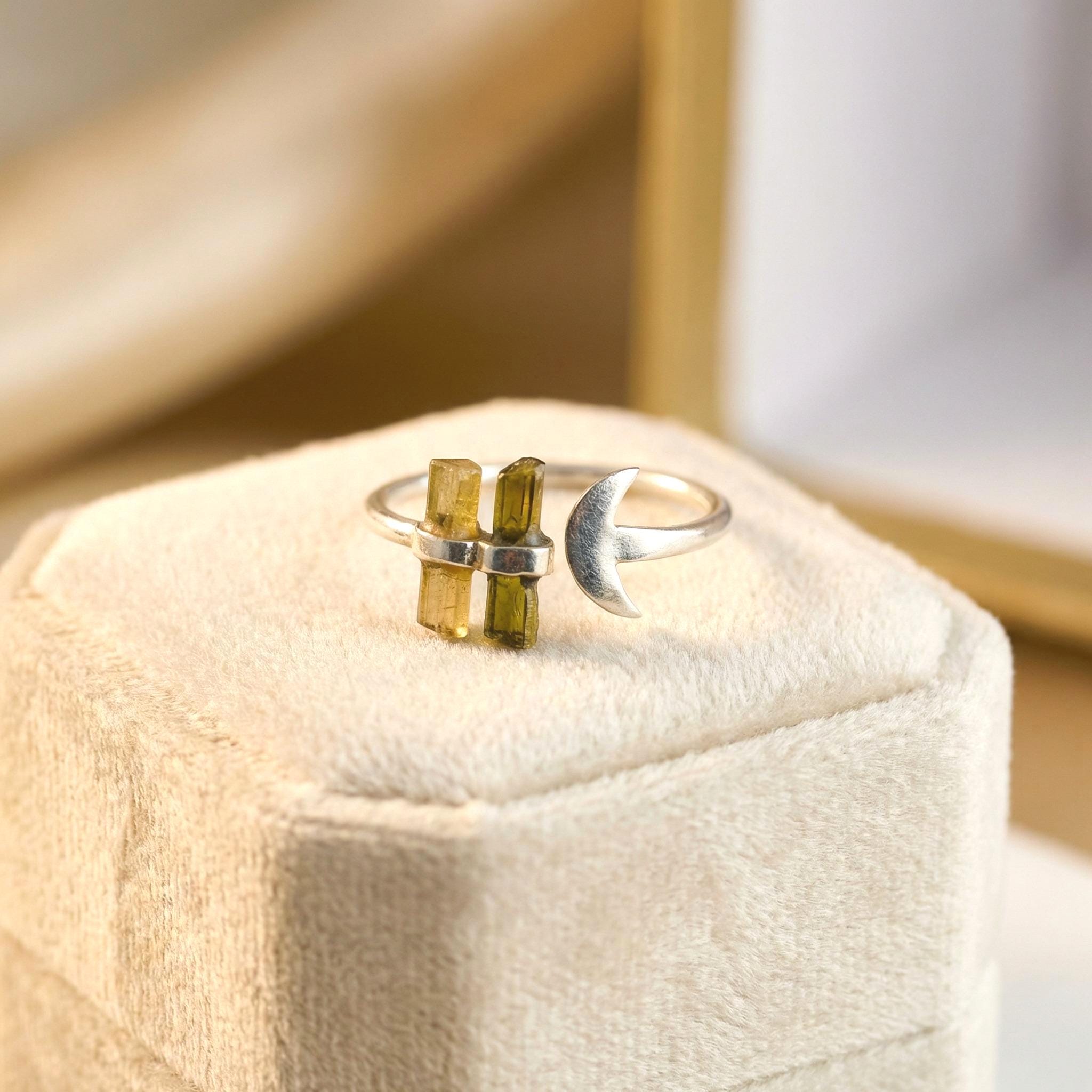 Raw Tourmaline Bar Ring: Sterling Silver Open Band, October Birthstone