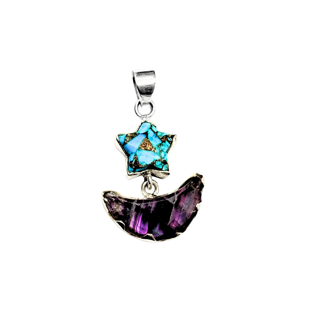 Turquoise Star & Rainbow Fluorite Moon Pendant: Handmade Silver Celestial Necklace