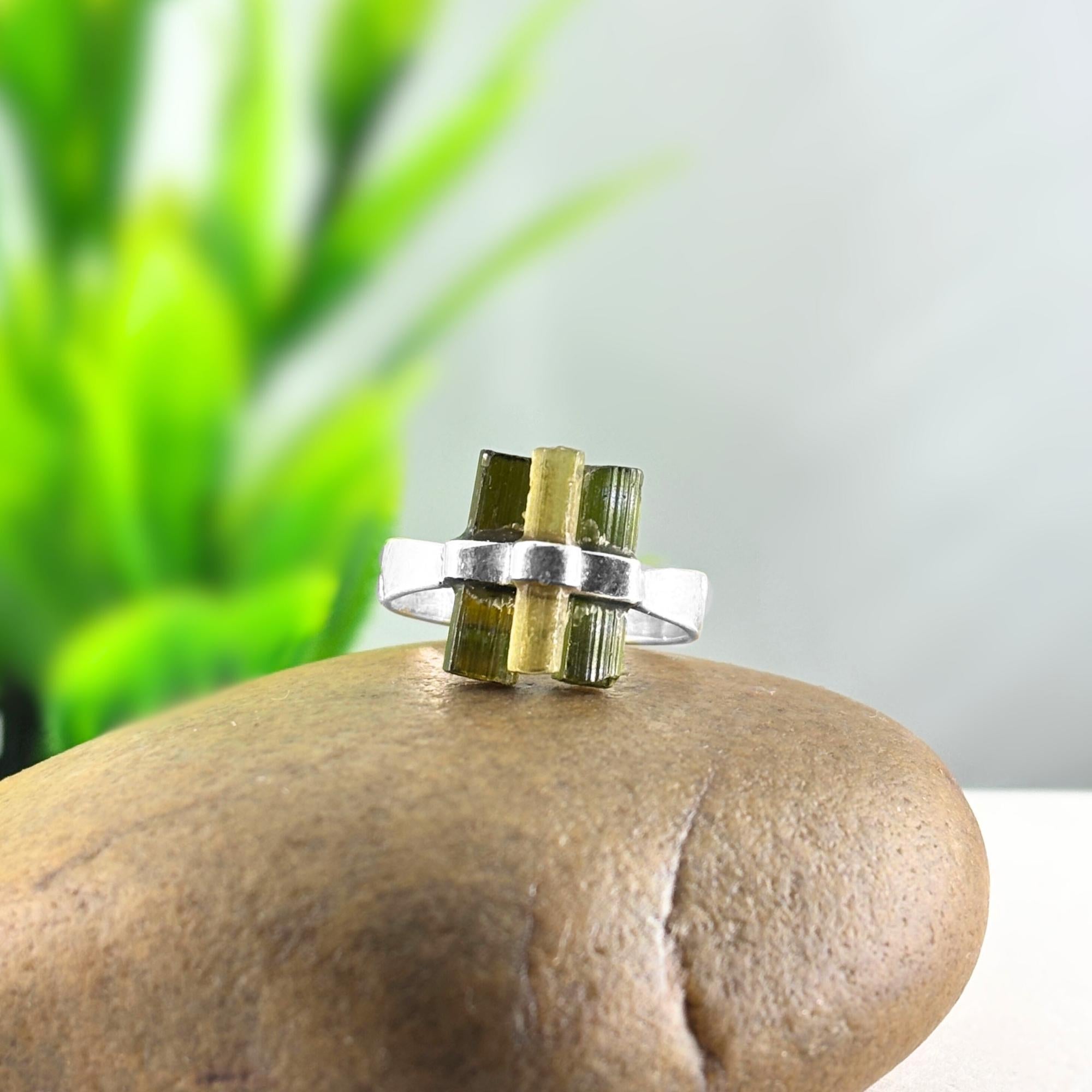 Raw Green Tourmaline Cluster Ring: Sterling Silver Boho Statement Jewelry