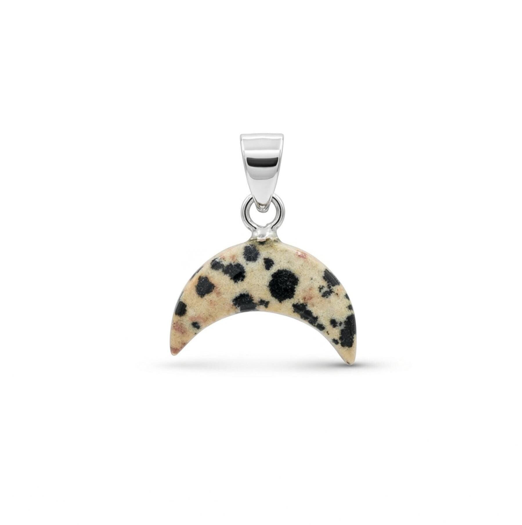 Dalmatian Jasper Crescent Moon Pendant: Sterling Silver Boho Necklace