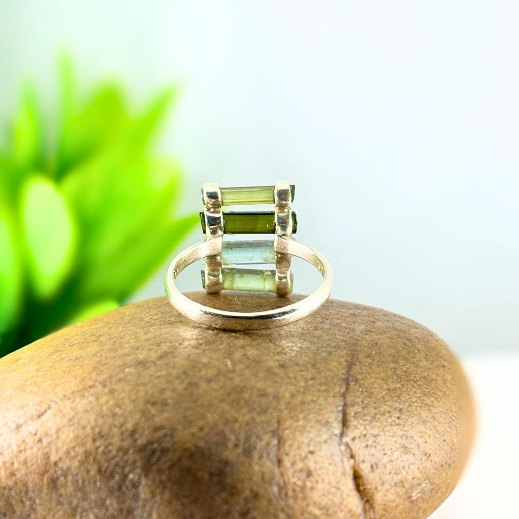 Raw Green Tourmaline Bar Ring: Sterling Silver October Birthstone