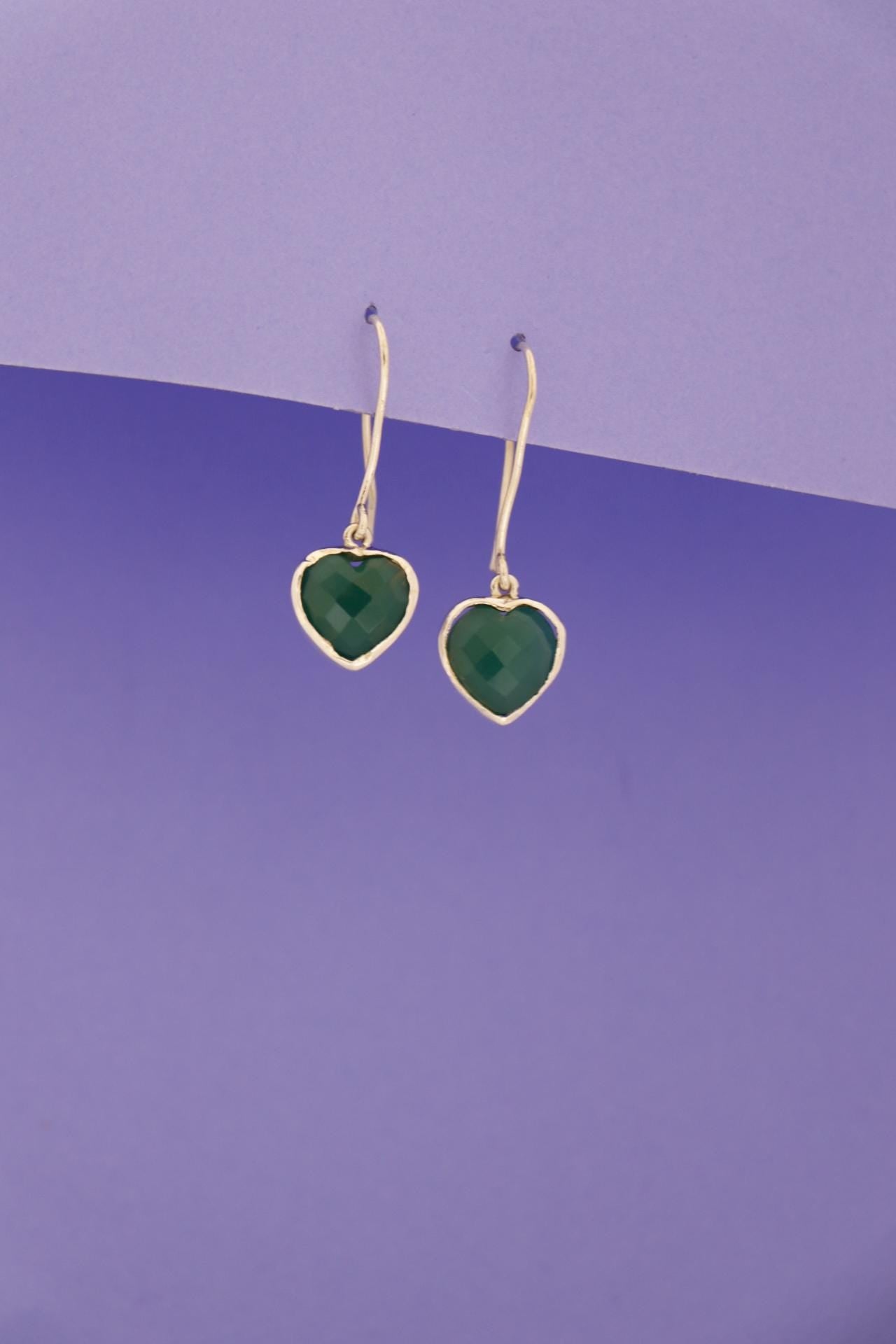 Green Onyx Heart Drop Earrings | 925 Sterling Silver Dangle Gemstone