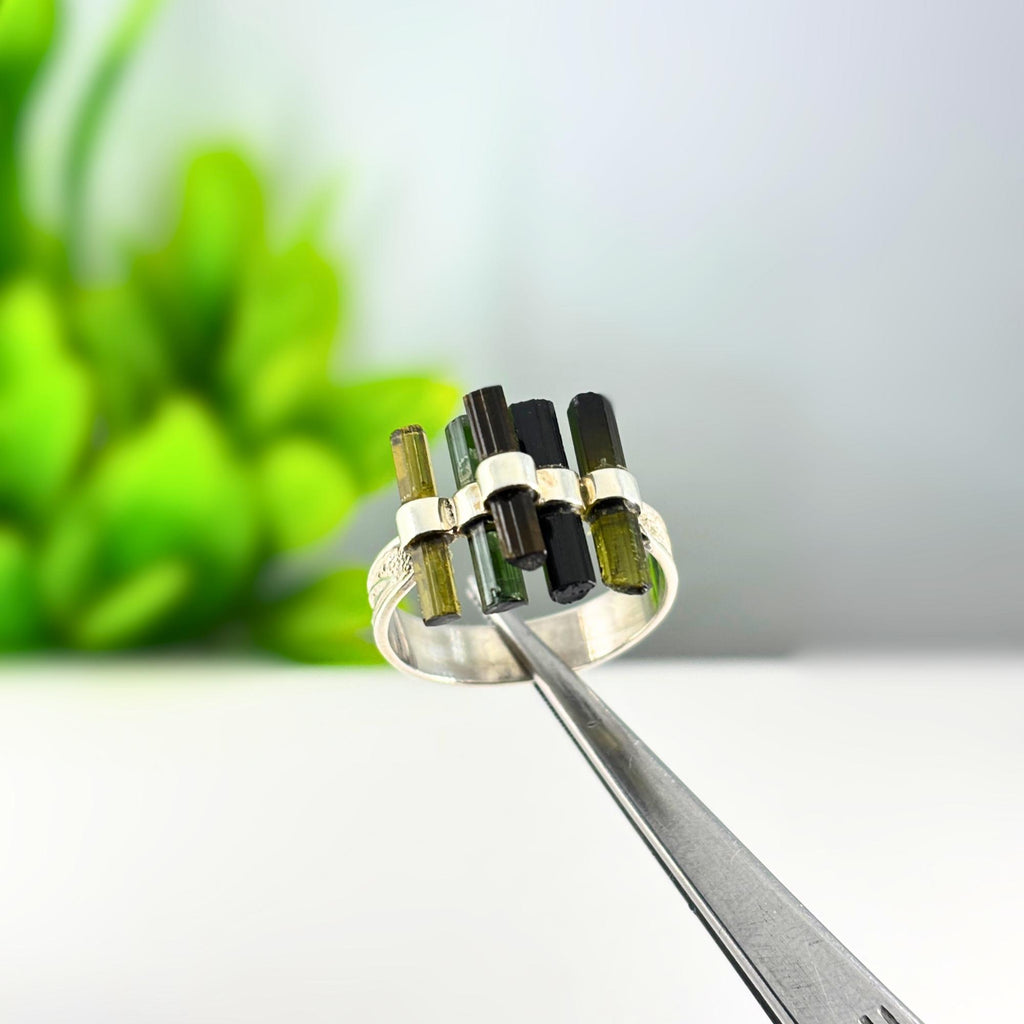 Raw Green Tourmaline Bar Ring: Sterling Silver Minimalist Stacking Ring