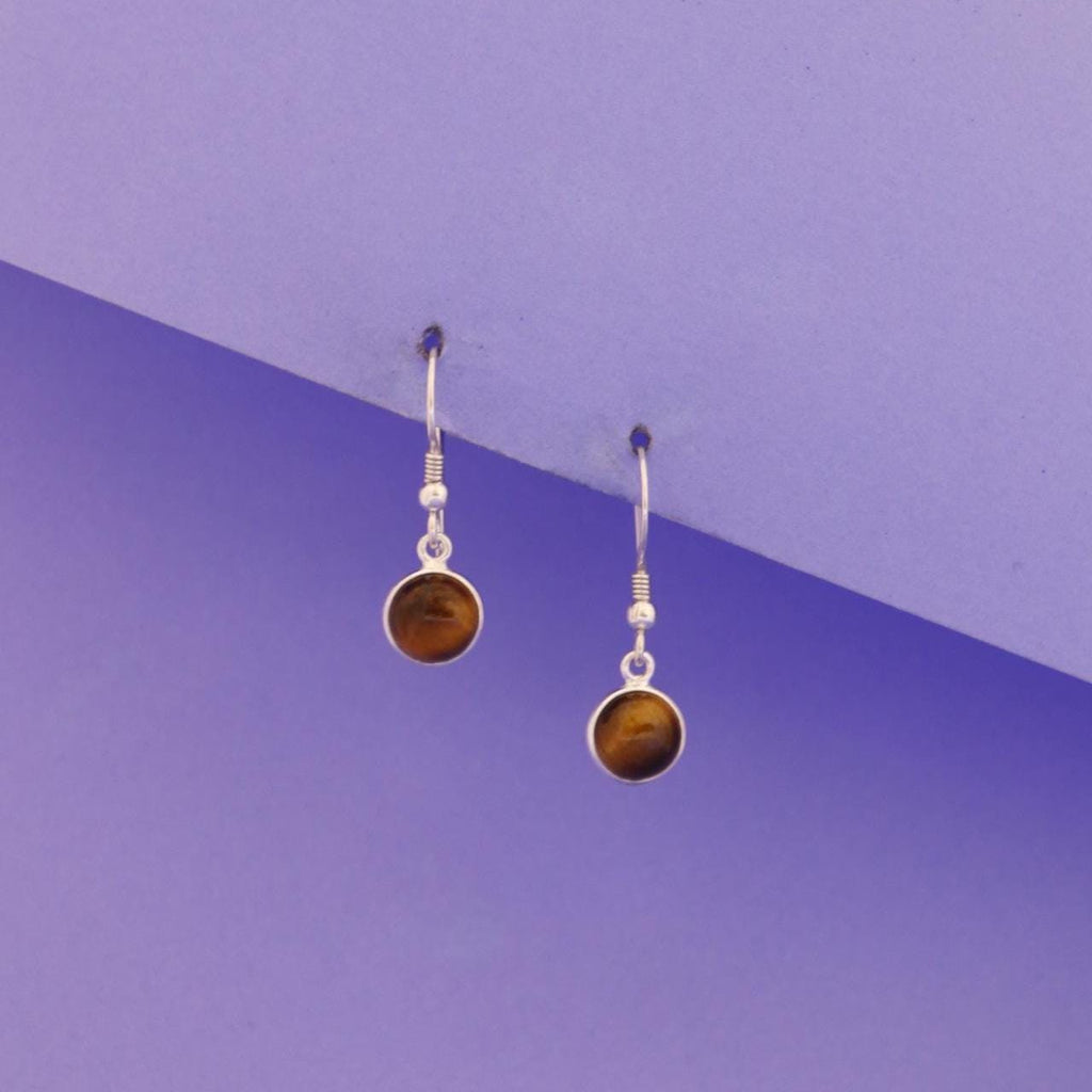 Handcrafted Tiger Eye Round Cabochon Earrings | Sterling Silver Dangle Gemstone