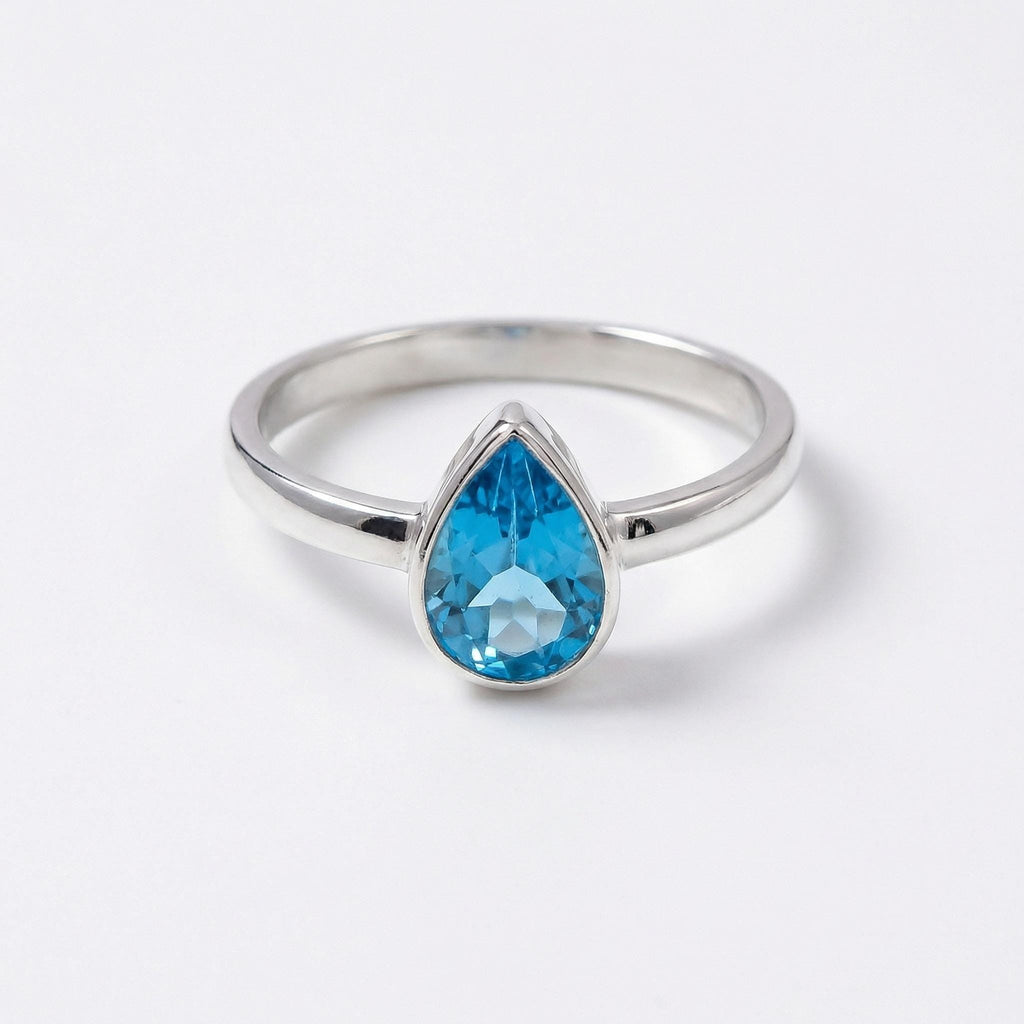 Blue Topaz Pear Ring – 925 Sterling Silver, Faceted Gemstone Solitaire, Handmade December Birthstone Gift