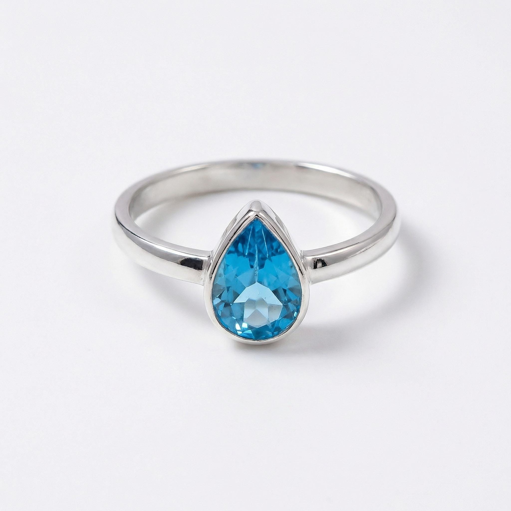 Blue Topaz Pear Ring – 925 Sterling Silver, Faceted Gemstone Solitaire, Handmade December Birthstone Gift