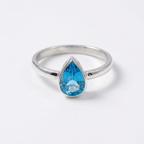 Blue Topaz Pear Ring – 925 Sterling Silver, Faceted Gemstone Solitaire, Handmade December Birthstone Gift