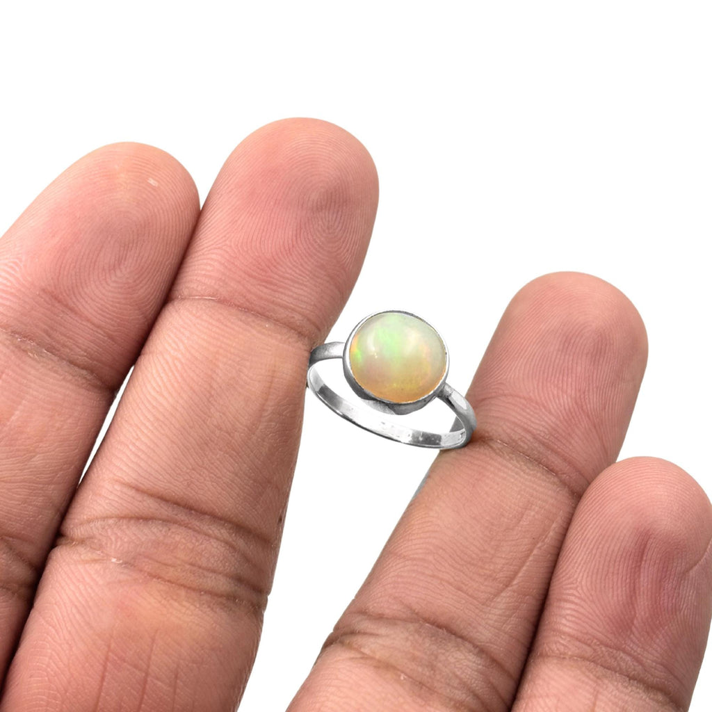 Opal Round Ring – 925 Sterling Silver, Natural Opal Cabochon, Handmade Statement Jewelry