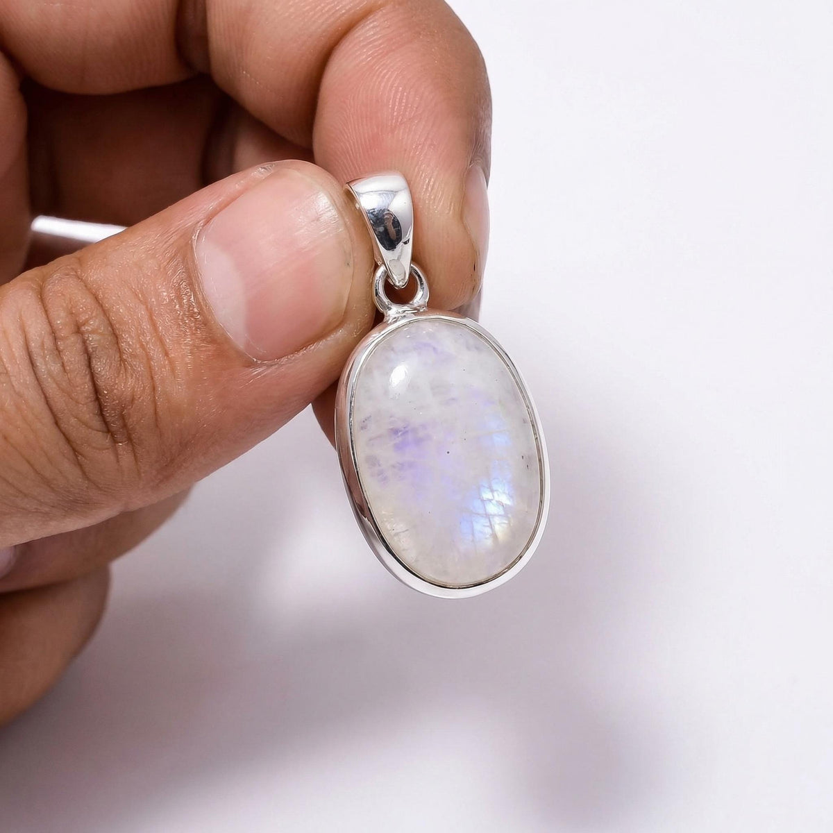 Oval Rainbow Moonstone Pendant – Sterling Silver Boho Gemstone Necklace