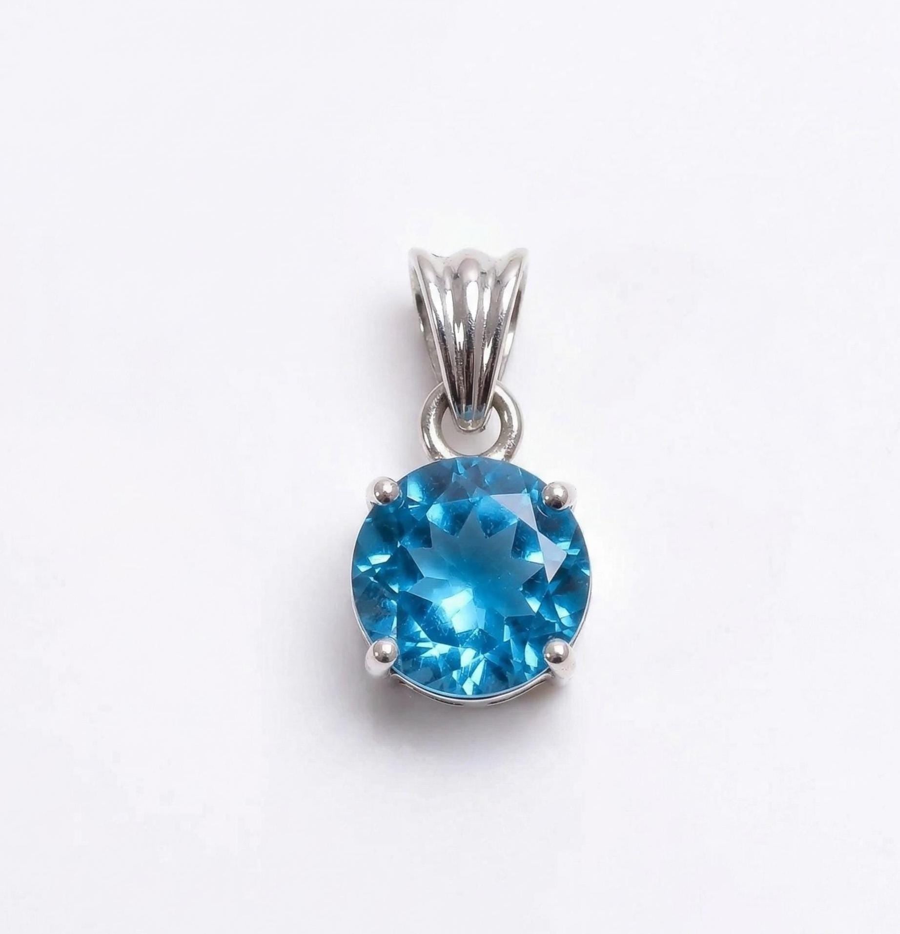 Sterling Silver Round Blue Topaz Pendant – December Birthstone, Natural Gemstone Jewelry