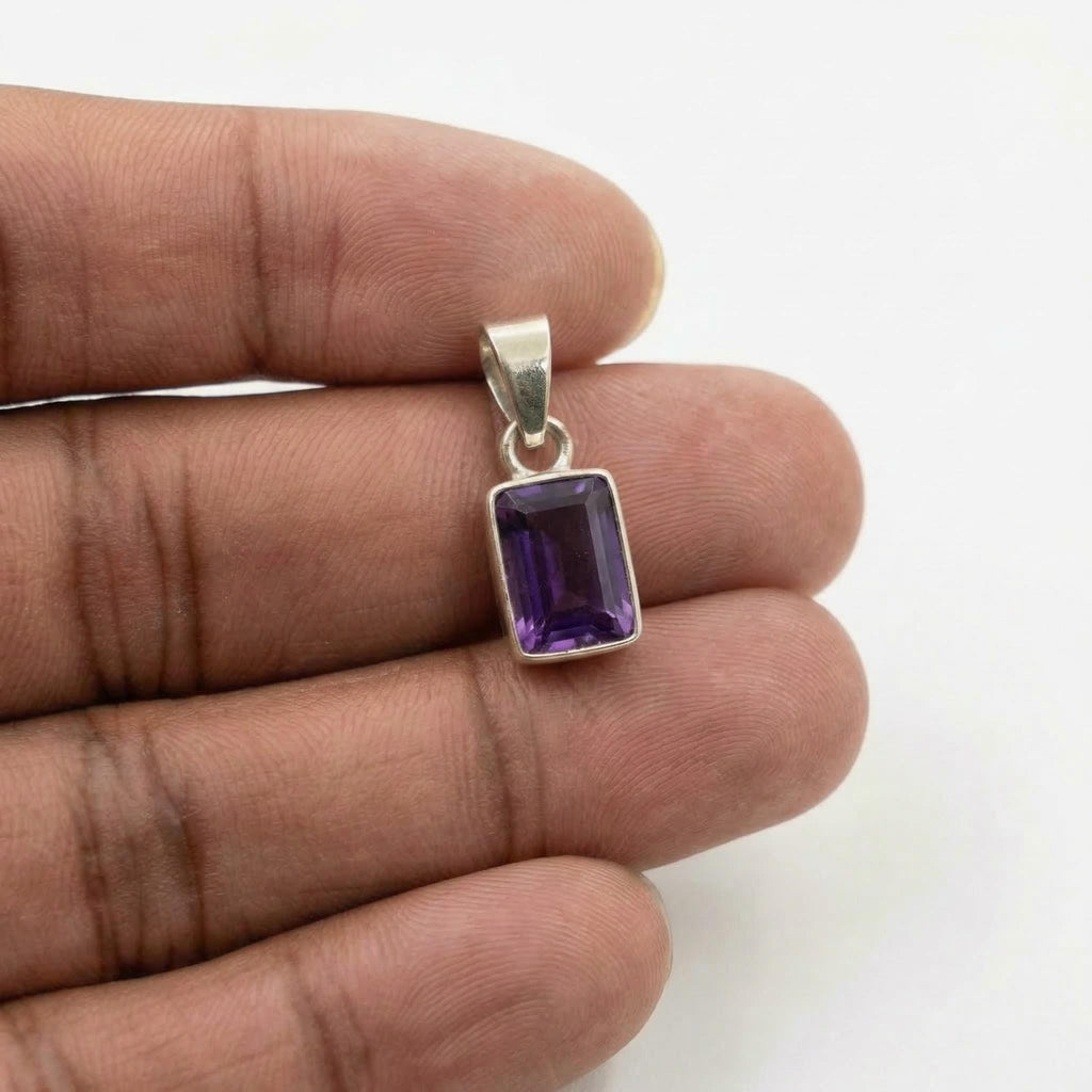 Emerald Cut Amethyst Pendant – Deep Purple Sterling Silver Minimalist Gemstone Jewelry