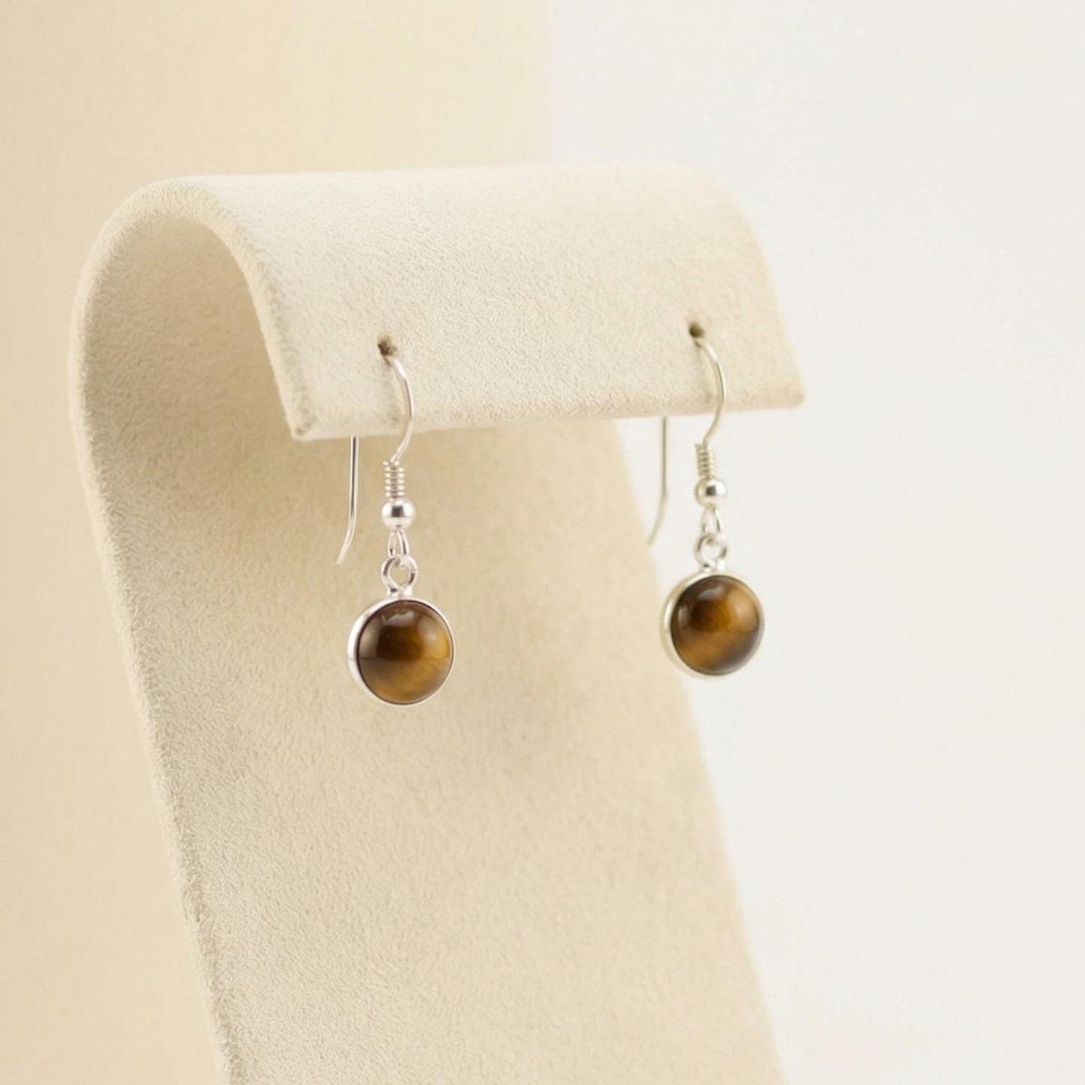 Handcrafted Tiger Eye Round Cabochon Earrings | Sterling Silver Dangle Gemstone