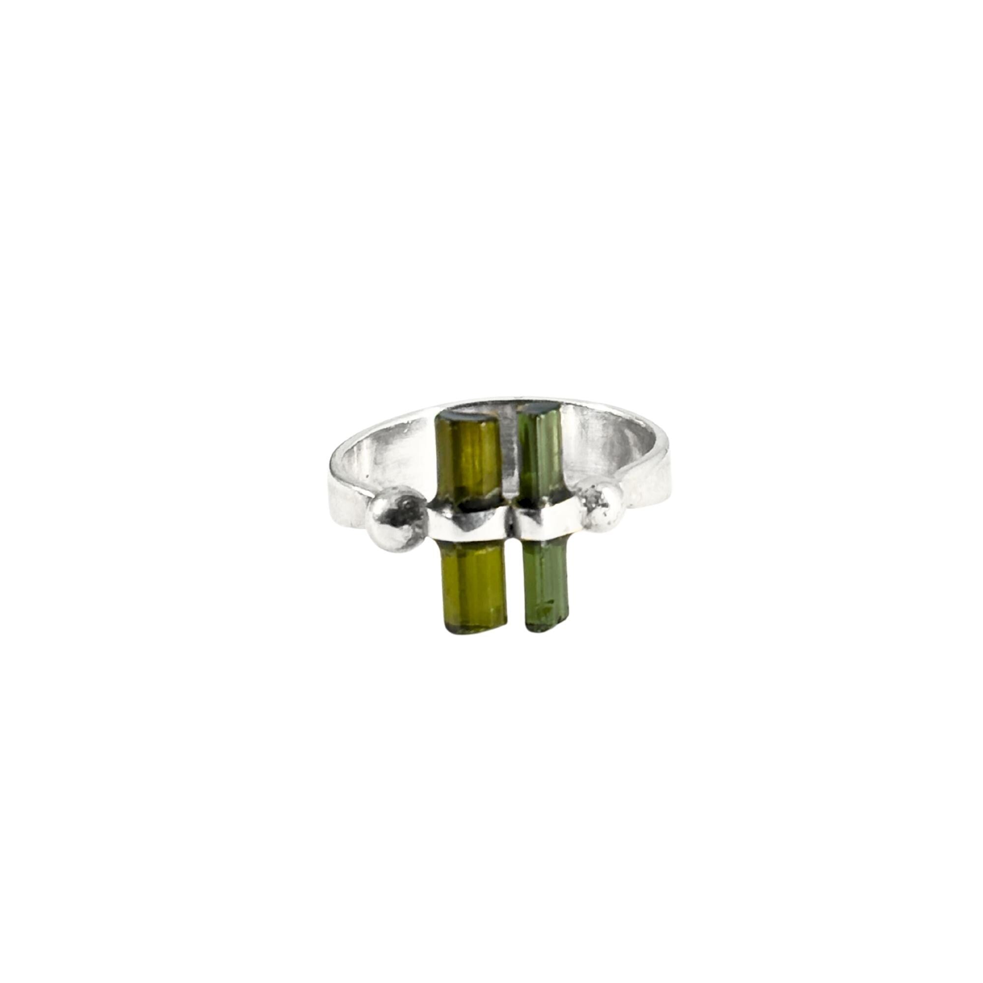 Raw Green Tourmaline Bar Sterling Silver Ring | Handmade Gemstone Stacking Ring | Minimalist Modern Jewelry