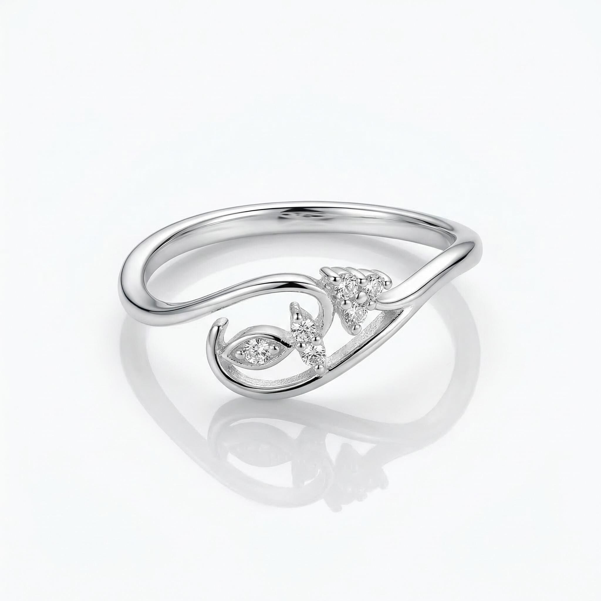 White Gold Floral Diamond Leaf Ring – Nature Inspired Open Band Cluster