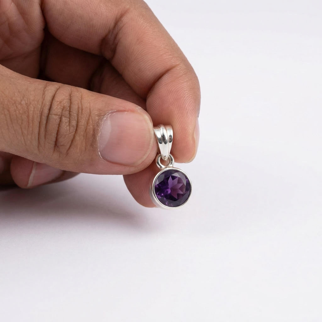 Sterling Silver Round Amethyst Pendant – February Birthstone, Natural Purple Gemstone Jewelry