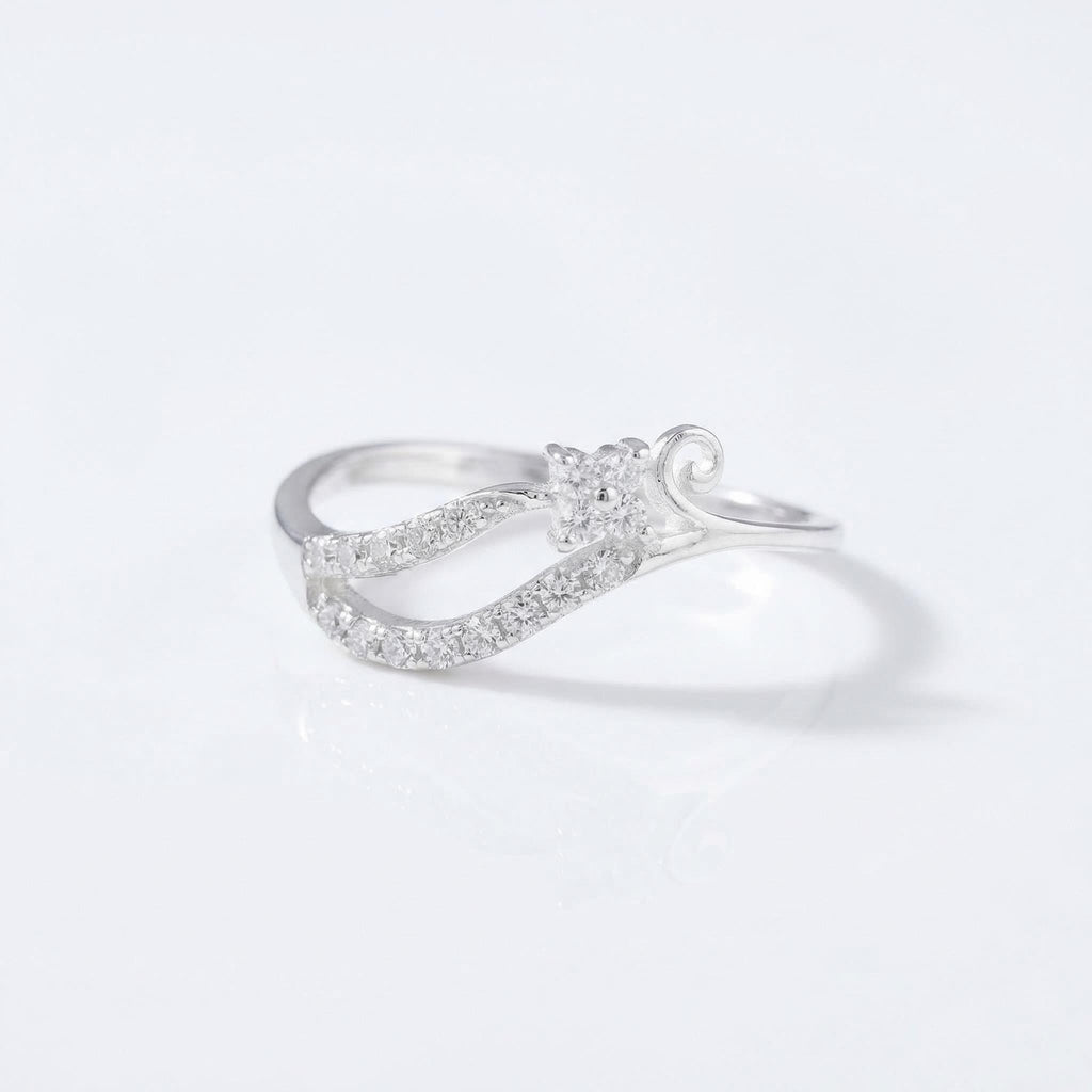 925 Sterling Silver CZ Wave Ring, Swirl Flower Band, Minimalist Stacking Promise Ring