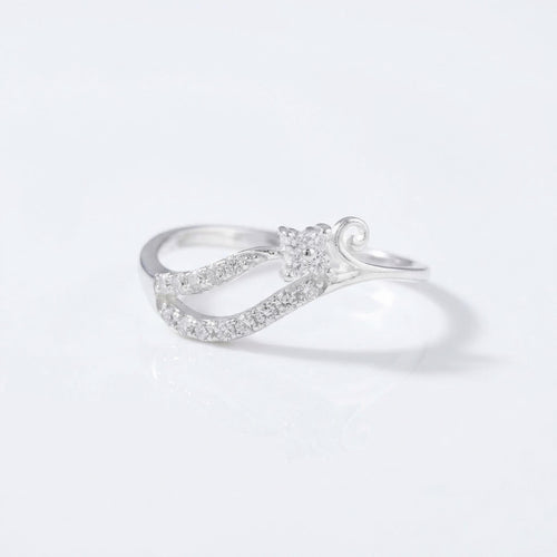 925 Sterling Silver CZ Wave Ring, Swirl Flower Band, Minimalist Stacking Promise Ring