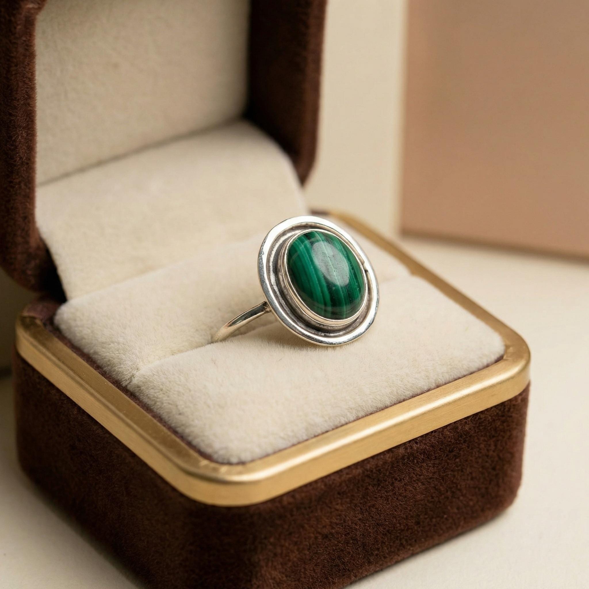 Malachite Sterling Silver Ring: Oval Green Gemstone, Boho Statement