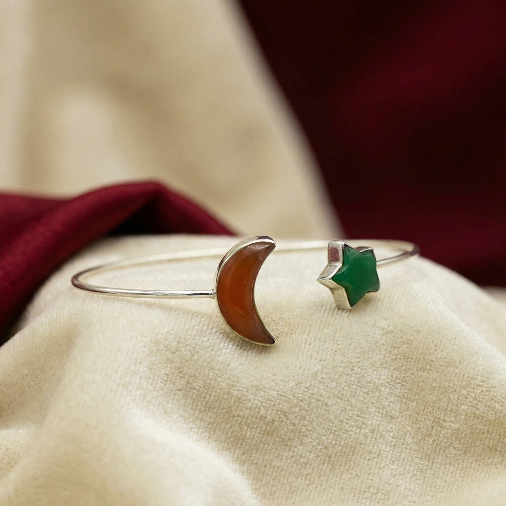 Sterling Silver Moonstone Aventurine Cuff Bangle | Celestial Boho Gemstone Jewelry