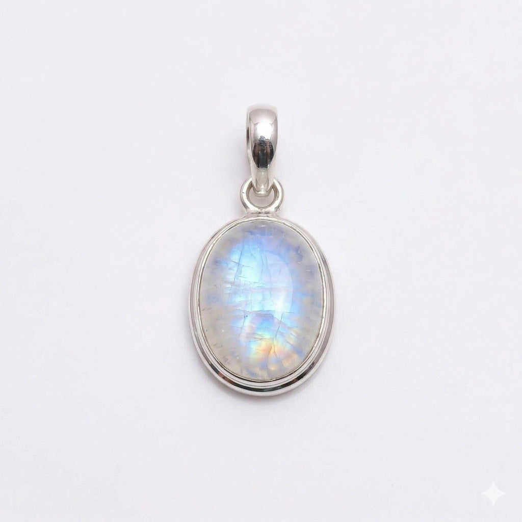Oval Rainbow Moonstone Pendant – Sterling Silver Boho Gemstone Necklace
