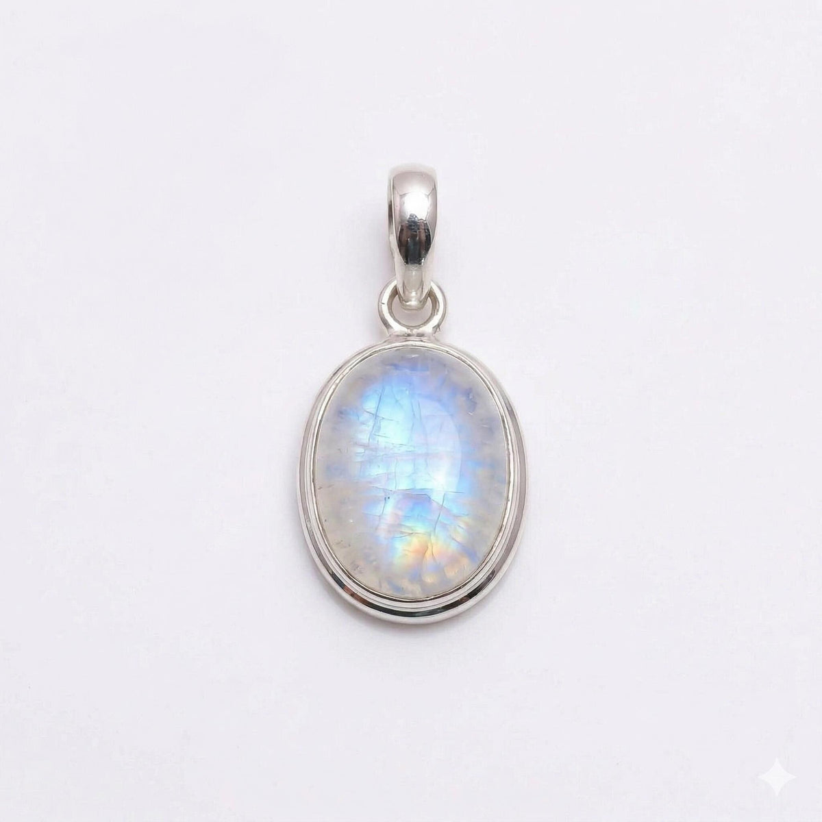 Oval Rainbow Moonstone Pendant – Sterling Silver Boho Gemstone Necklace