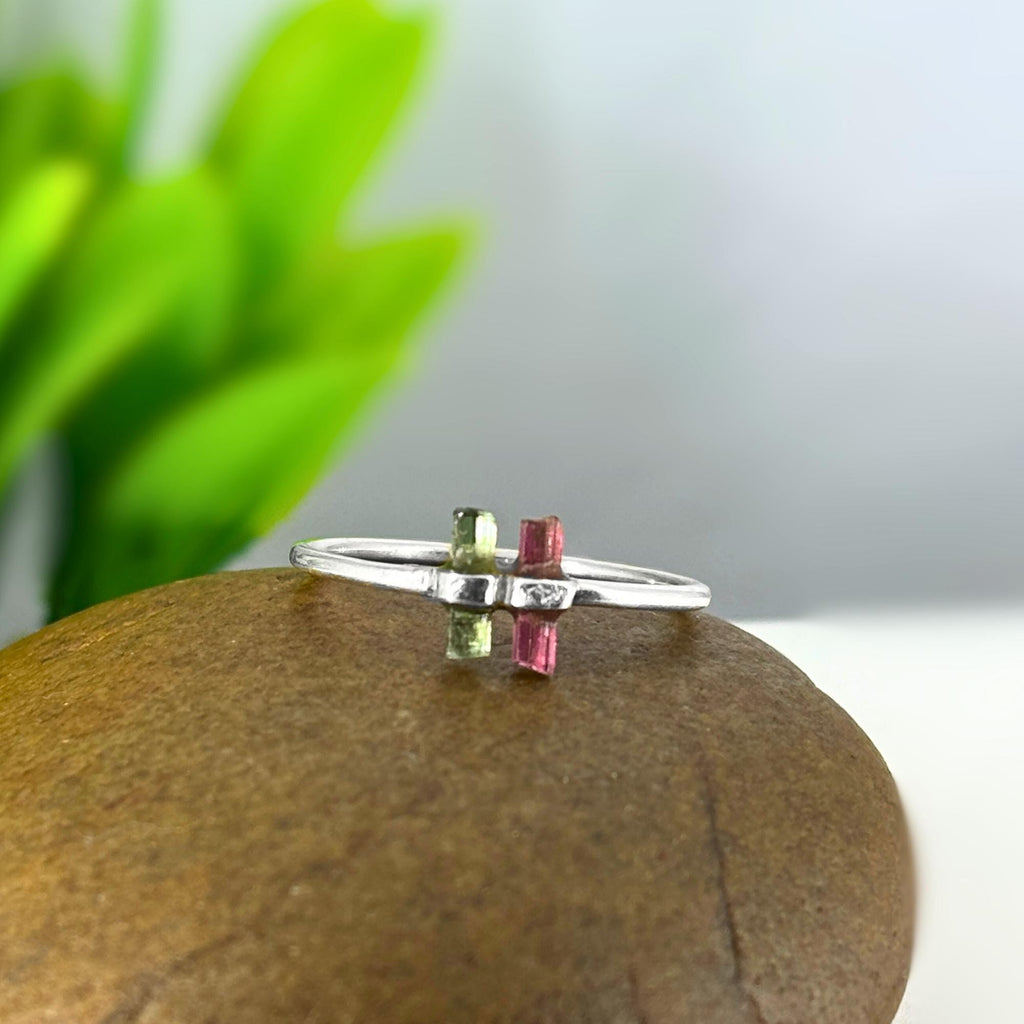 Watermelon Tourmaline Bar Sterling Silver Ring | Raw Gemstone Stacking Ring | Handmade Minimalist Statement Jewelry