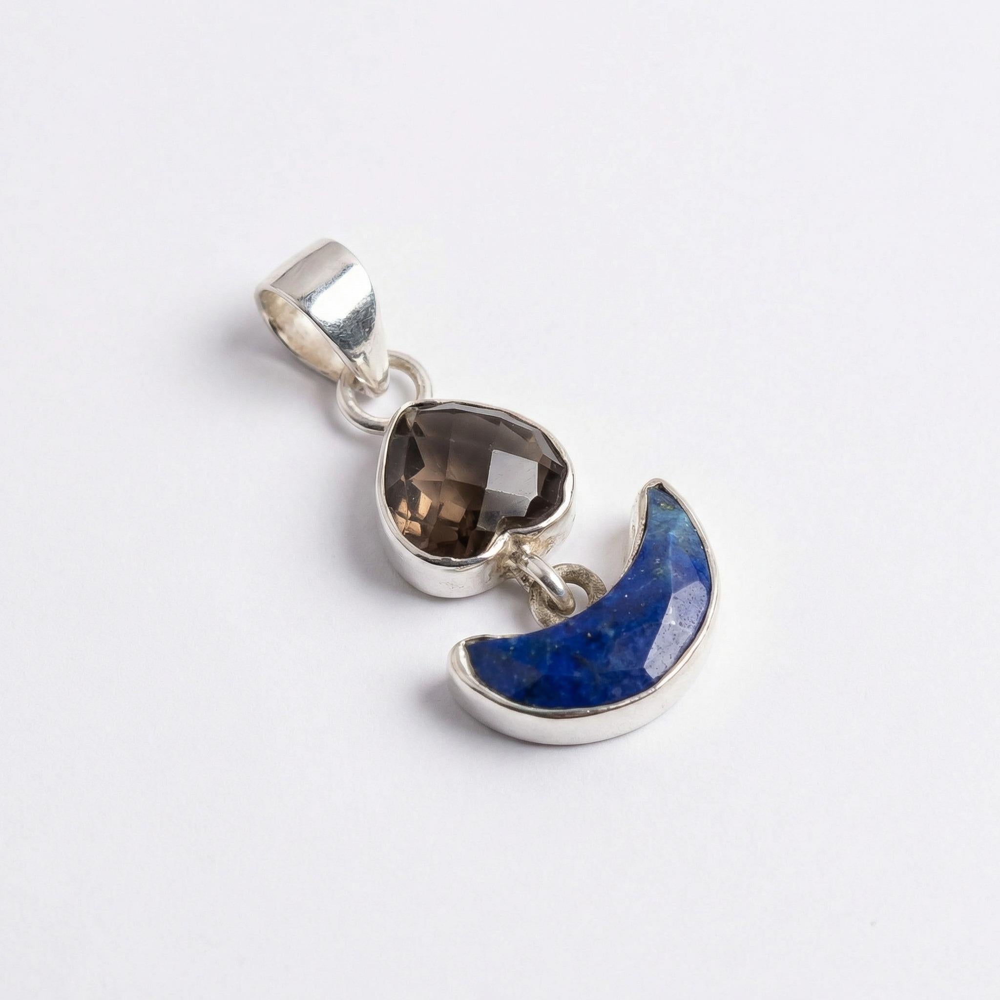 Smoky Quartz Heart & Lapis Lazuli Moon Pendant: Sterling Silver Celestial Charm
