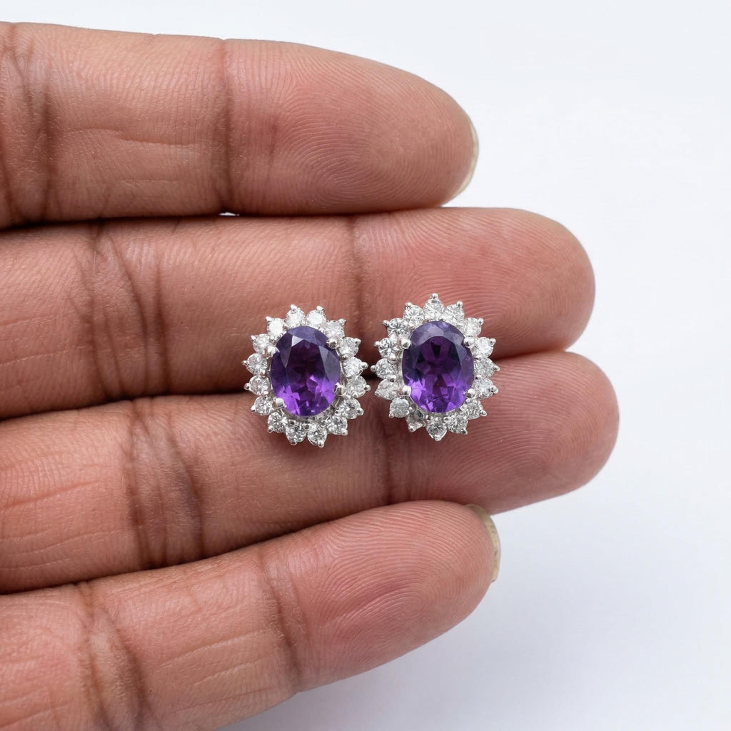 Amethyst CZ Stud Earrings 925 Sterling Silver | Oval Gemstone Studs | February Birthstone | Handmade Jewelry