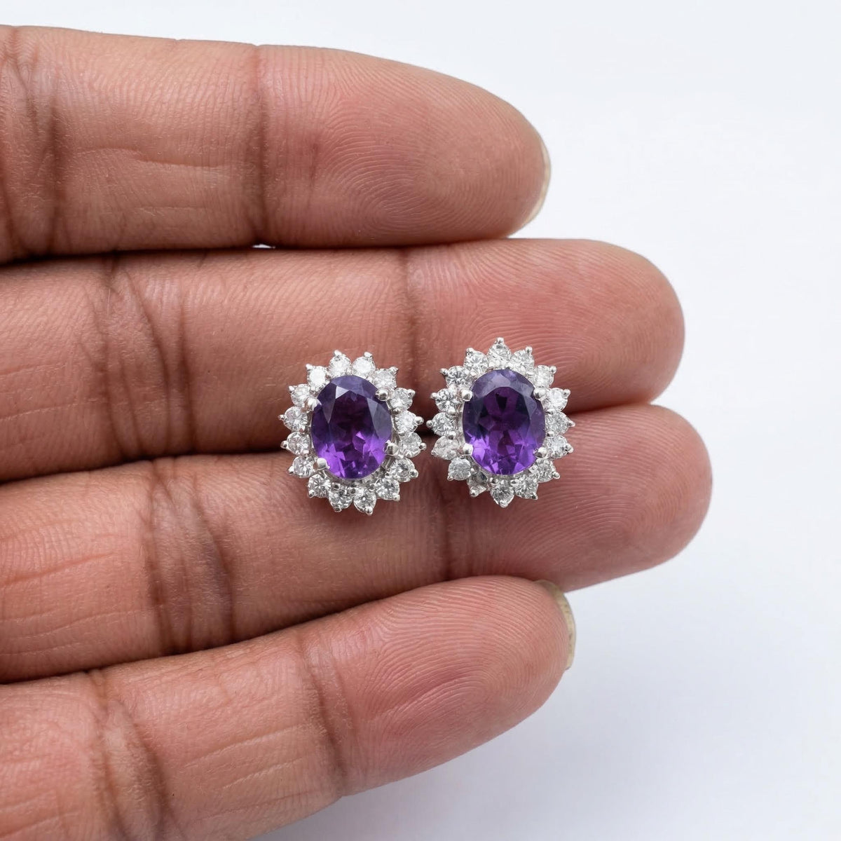 Amethyst CZ Stud Earrings 925 Sterling Silver | Oval Gemstone Studs | February Birthstone | Handmade Jewelry