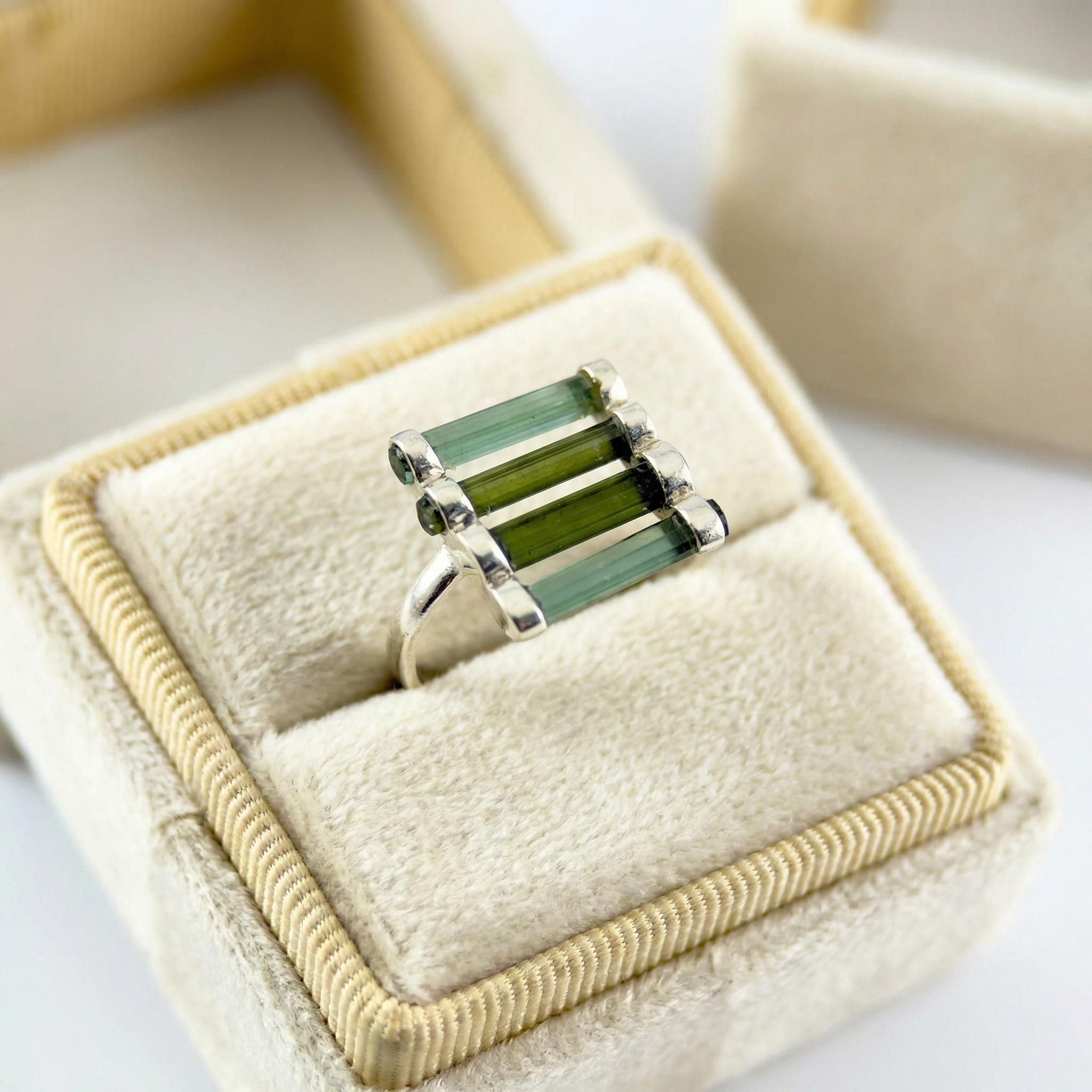 Raw Green Tourmaline Bar Ring: Sterling Silver October Birthstone