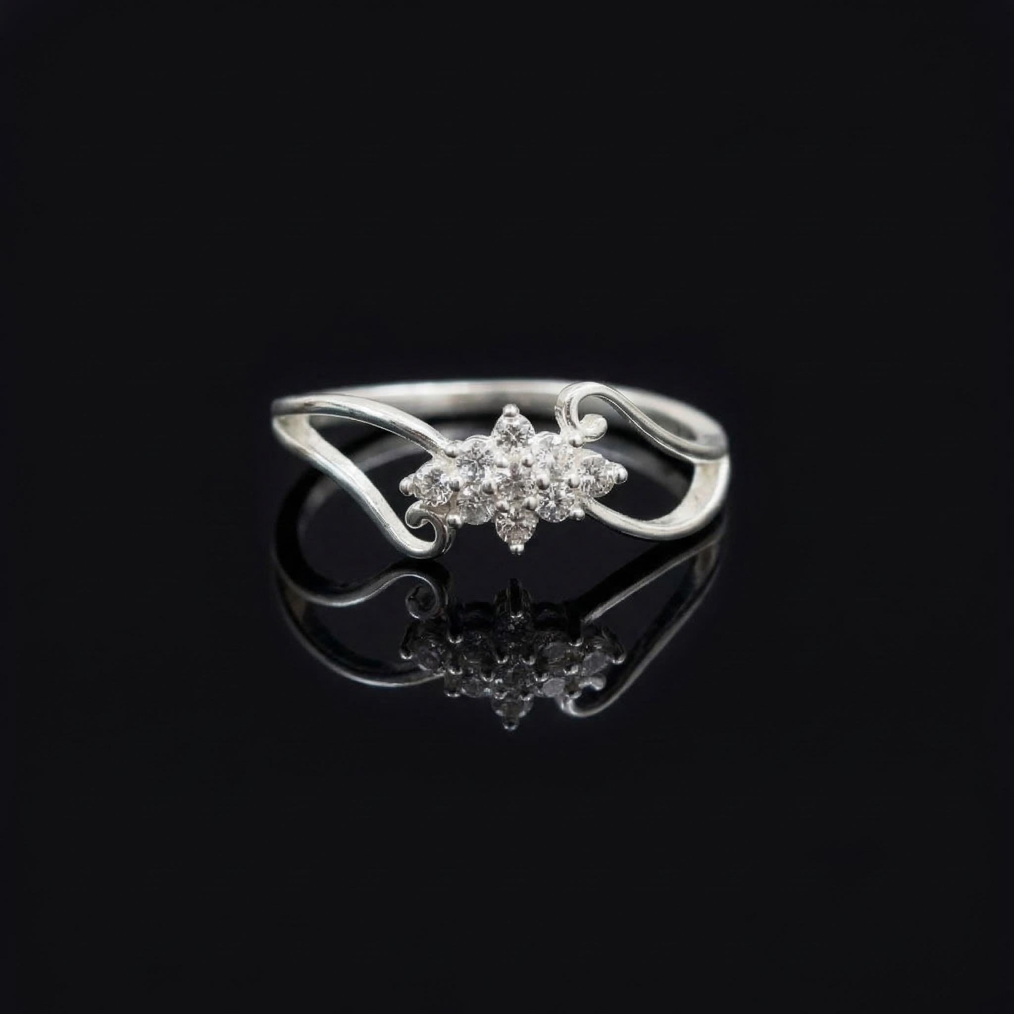 Sterling Silver CZ Flower Ring, Rhodium-Plated Pavé Stacking Band