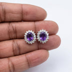 Amethyst CZ Stud Earrings 925 Sterling Silver | Oval Gemstone Studs | February Birthstone | Handmade Jewelry