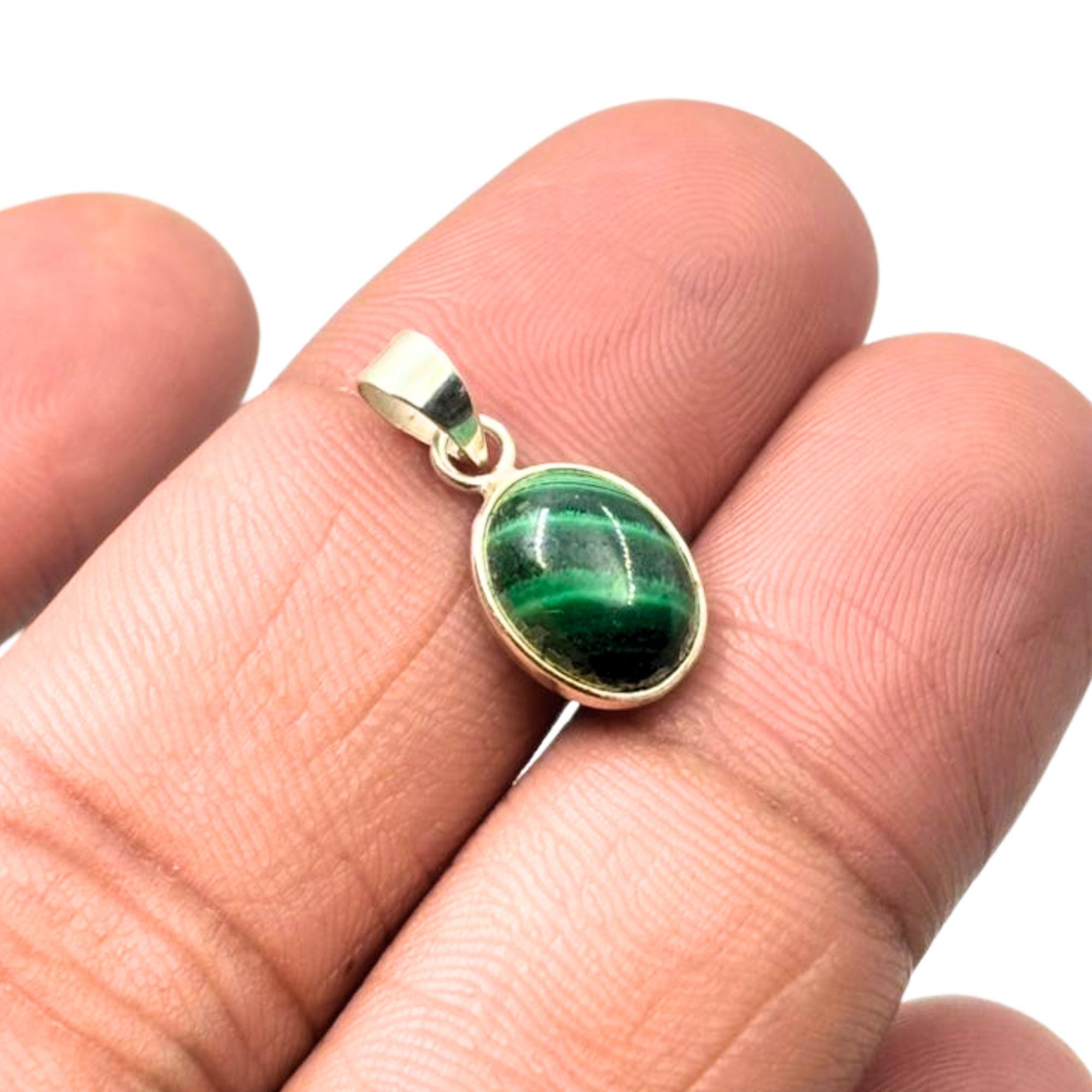 Malachite Pendant Necklace - Oval Green Gemstone, Sterling Silver Charm
